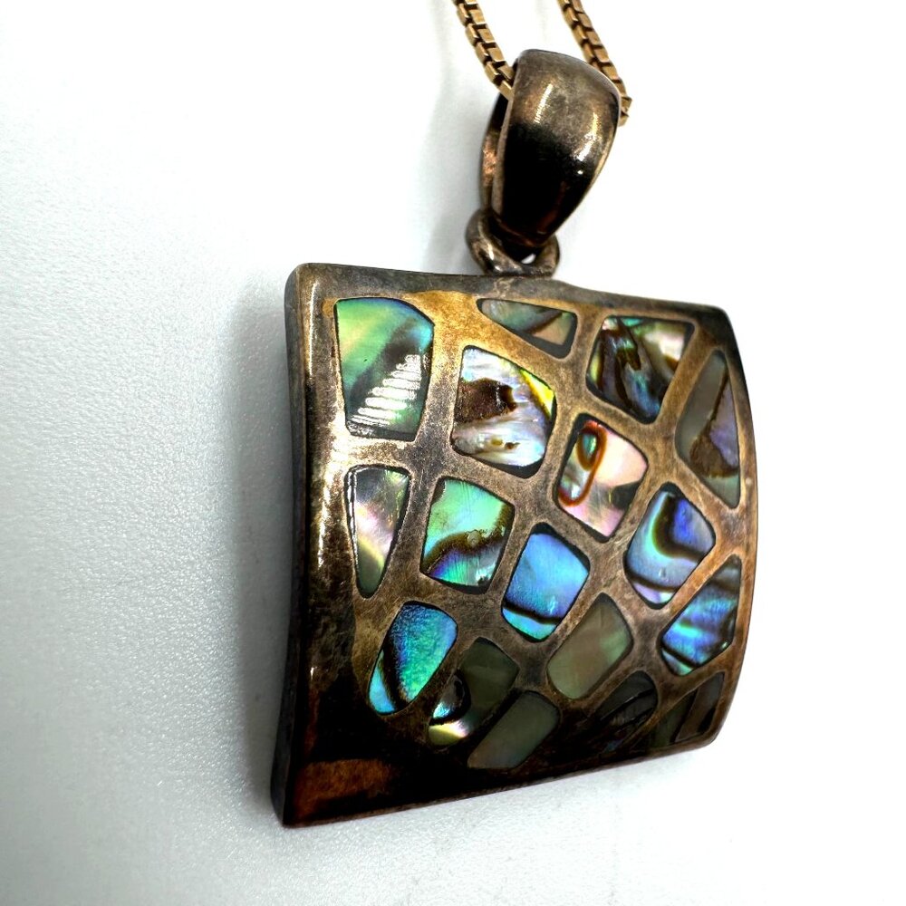 Vtg Abalone Shell Mosaic Square Pendant Sterling Silver Gold Tone Necklace Sea - Picture 3 of 16